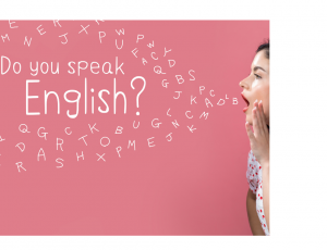 A person drawing attention to intelligibility. They are saying "do you speak English" in a white speech bubble made up of letters of the alphabet.