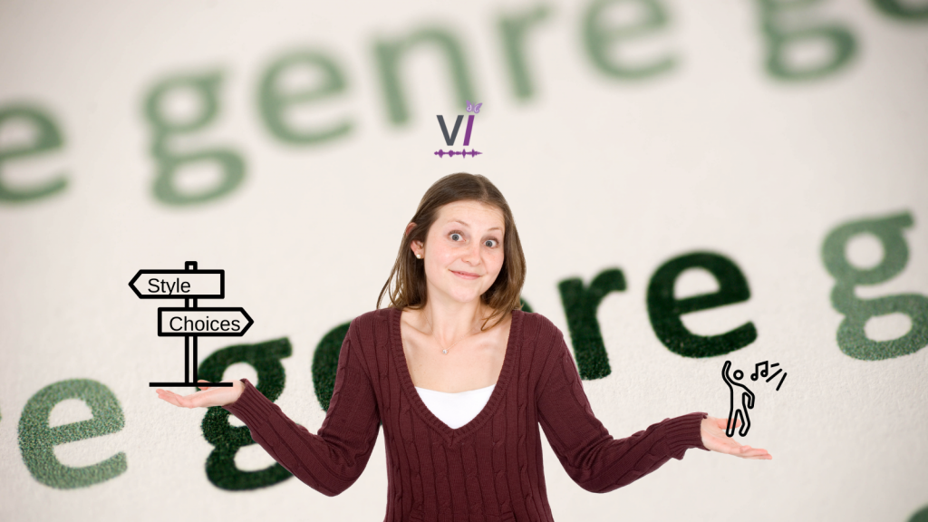 Sing in your genre: A girl in a brown sweater holding a sign post in her right hand (style choices) and a sketch of a person singing n the other. She is against a cream background with the word "gernre" printed in green. Above her head is the vocal Intuition logo.