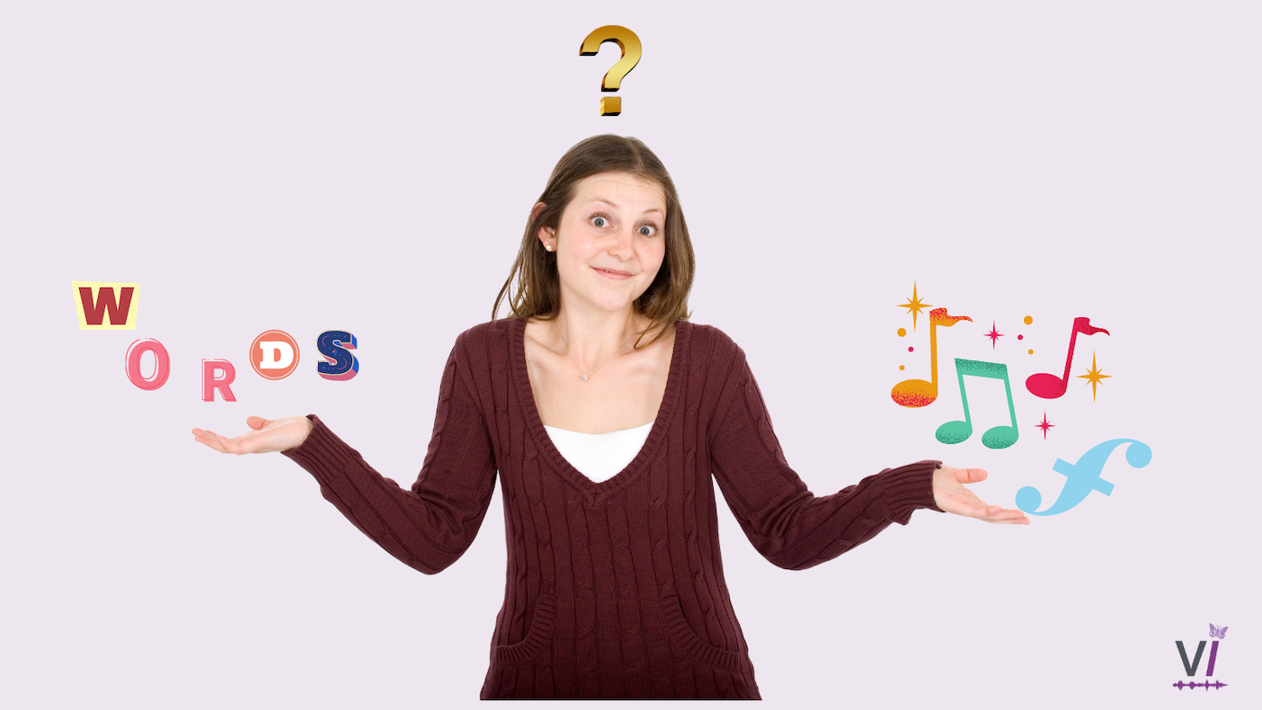 Sing with intelligibility: A girl holding multi coloured letters spelling "words" in her right hand and musicsal notes in the other. There is a question mark above her head.