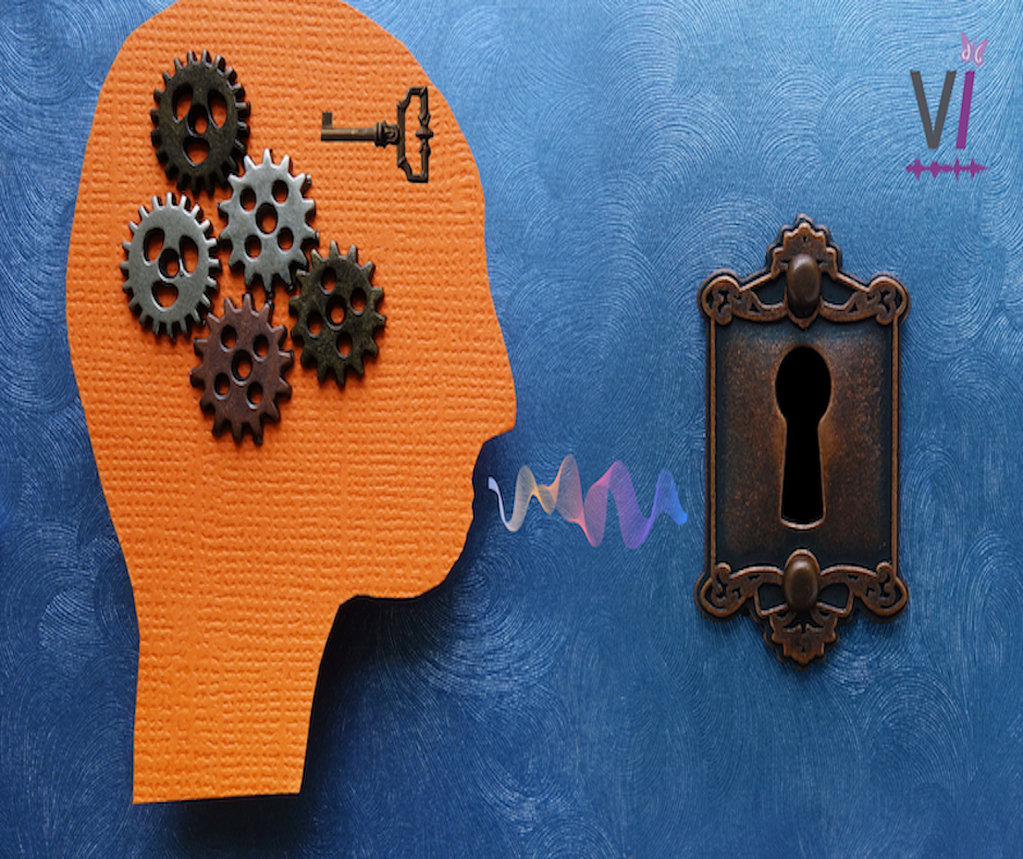 A cutout art version of a head, side on, in orange, with gear cogs where the brain would be. There are sound waves coming out of the mouth moving towards a lock. The key to the lock is in the head with the gear cogs. All of this is on a blue background.