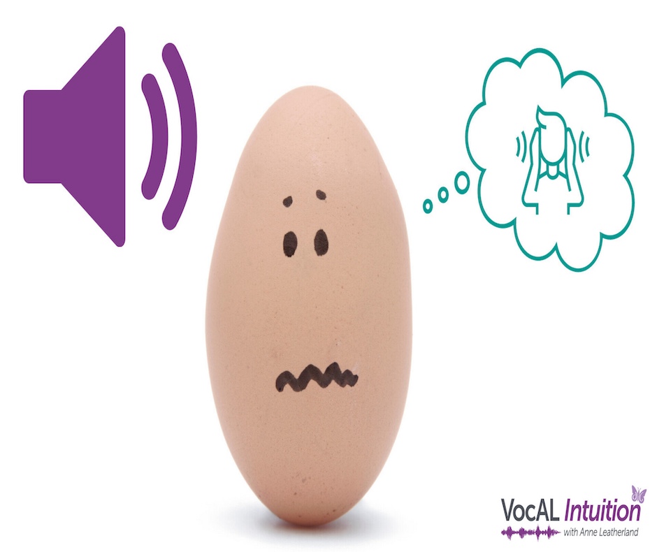 Ann egg with an inked on "worried" face. On the left a purple speaker with sound waves coming out of it. On the right, a green speech bubble with a green graphic of a person putting their hands over their ears.