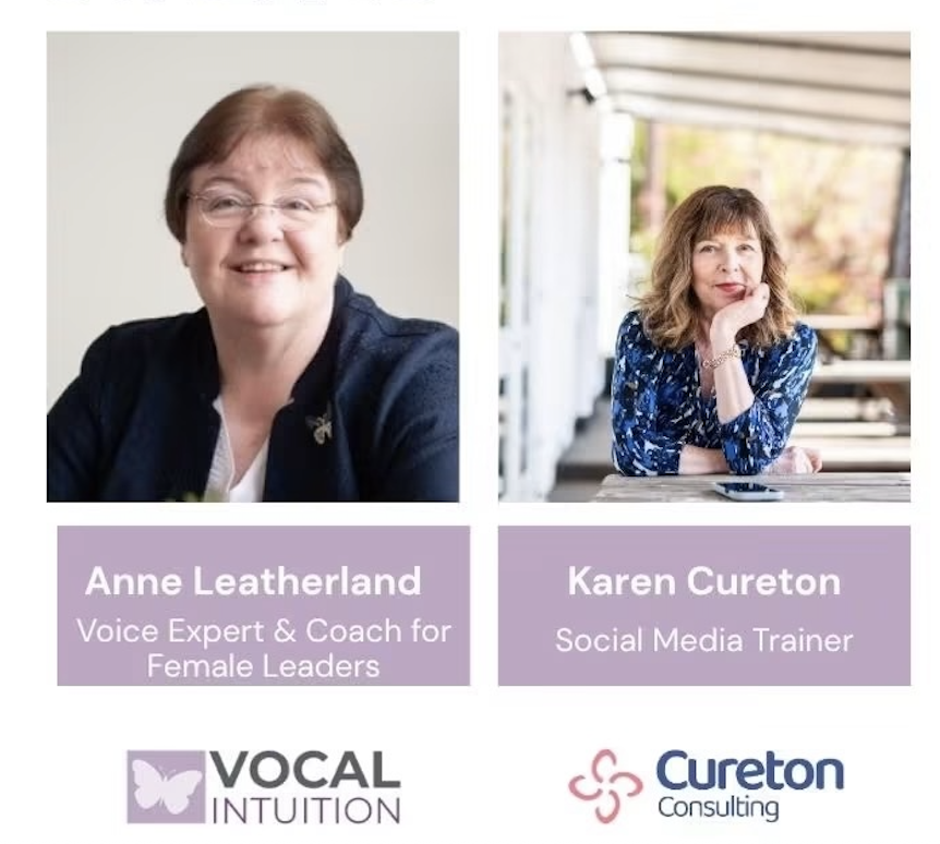 a picture of ann on the left wearing a navy blue jacket, and karen on the right in a blue dress. Karen has her left hand under her chin. There are names and business logos under each picture.